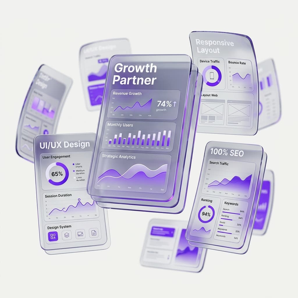 3D floating UI cards showcasing digital design work